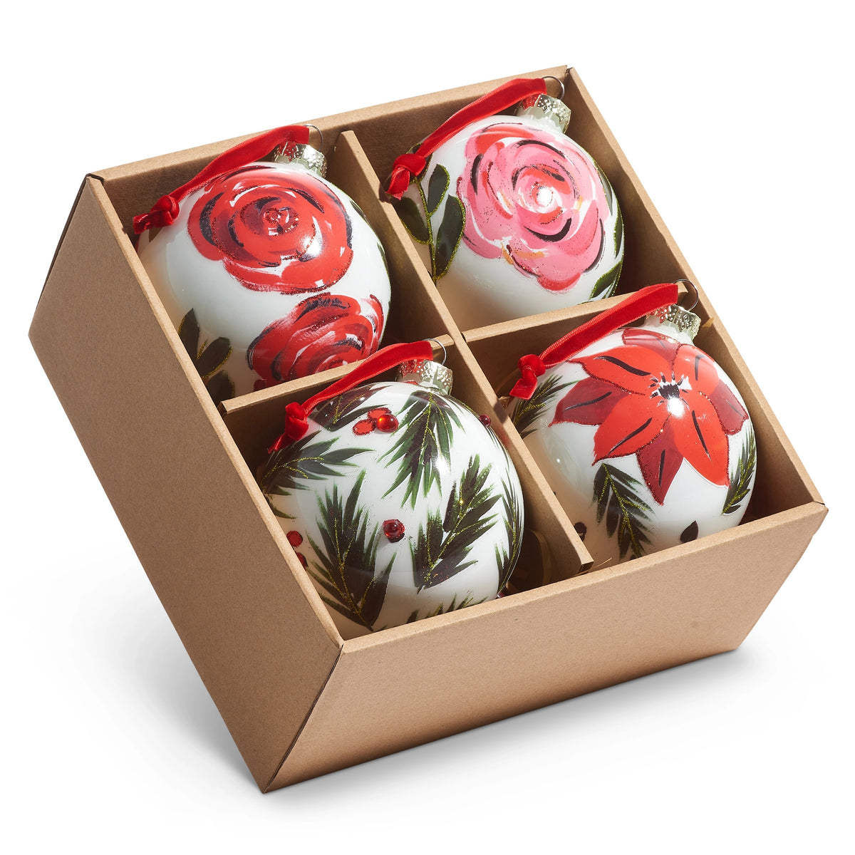 4" Box of Hand Painted Floral Ball Ornaments