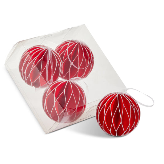 3.5" Box of Red with White Glitter Paper Ball Ornaments