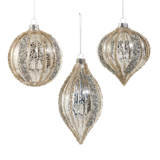 4" Mercury Glass Glitter Stripe Ornament
